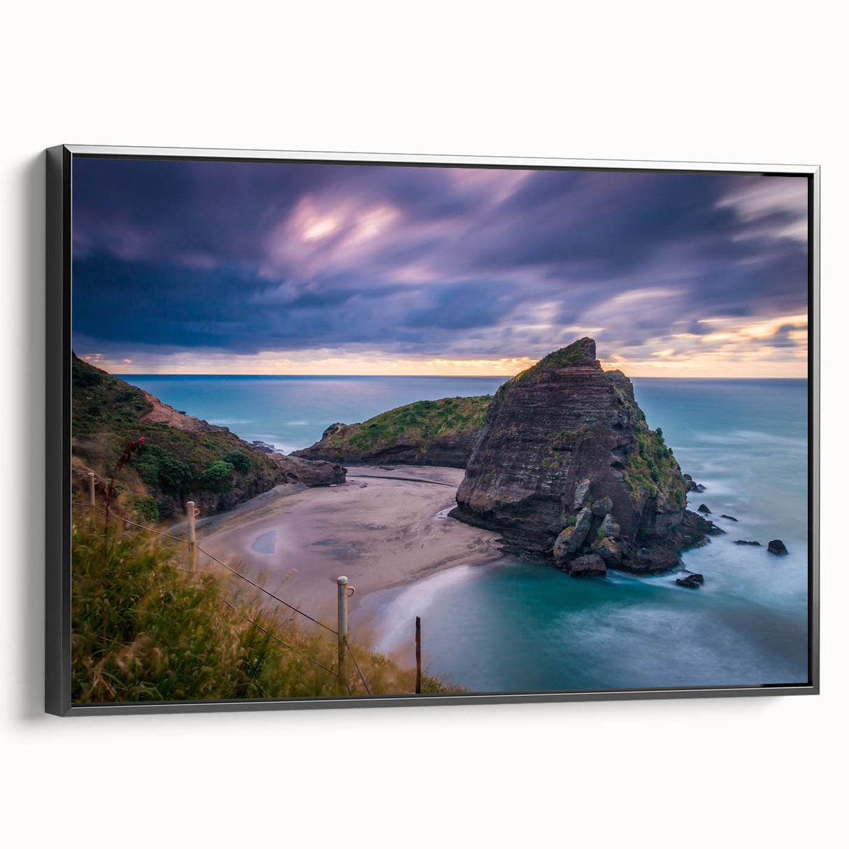 Black and white framed canvas depicting a vintage-style New Zealand West Coast landscape, ideal for bedroom wall art.