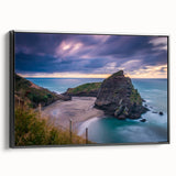 Black and white framed canvas depicting a vintage-style New Zealand West Coast landscape, ideal for bedroom wall art.