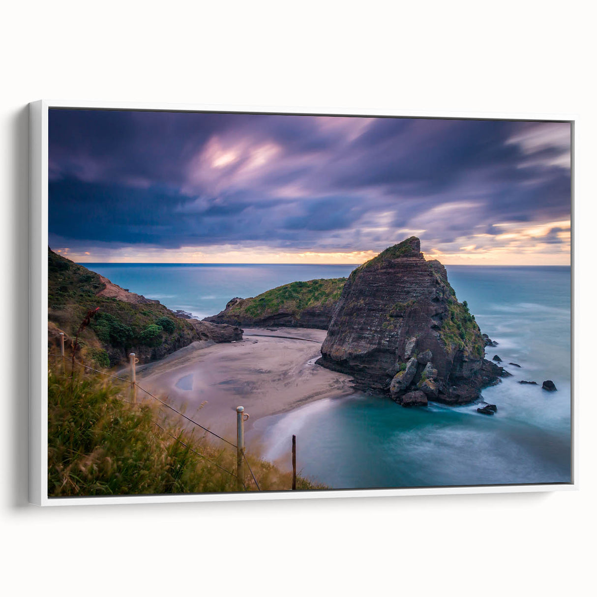 Framed canvas featuring a vintage-style landscape of New Zealand's West Coast in black and white, ideal for bedroom wall art.