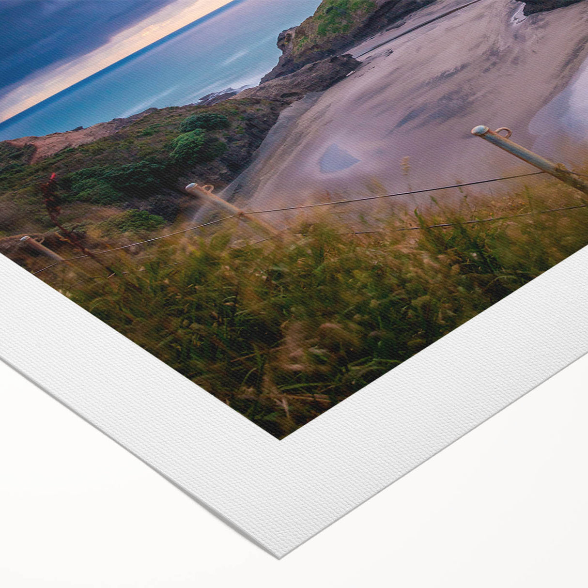 Art deco poster featuring the rugged coastline of New Zealand's West Coast in muted earth tones on rolled canvas.