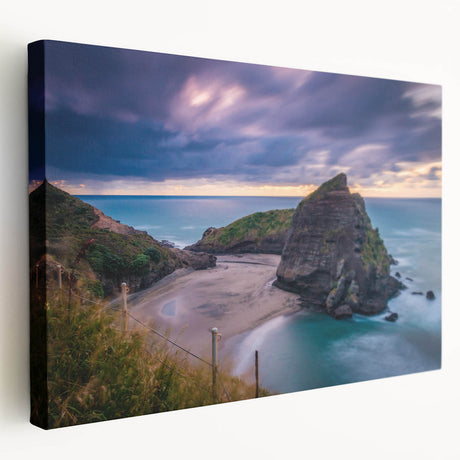 Side view of a stretched canvas featuring a realistic New Zealand West Coast scenery in muted earth tones.