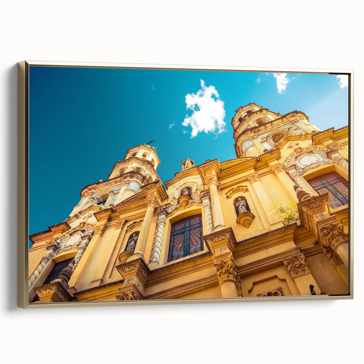 Framed canvas landscape painting of Buenos Aires with black and gold tones, suitable as wall art for a bedroom.