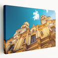 Side view of a stretched canvas featuring a scenic depiction of Buenos Aires in muted earth tones.