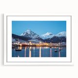 Abstract art print of a South American landscape in muted earth tones on a framed white mat, suitable for dining room decor.