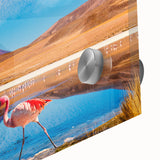 Large abstract wall art depicting a Bolivian landscape in muted earth tones on acrylic glass.