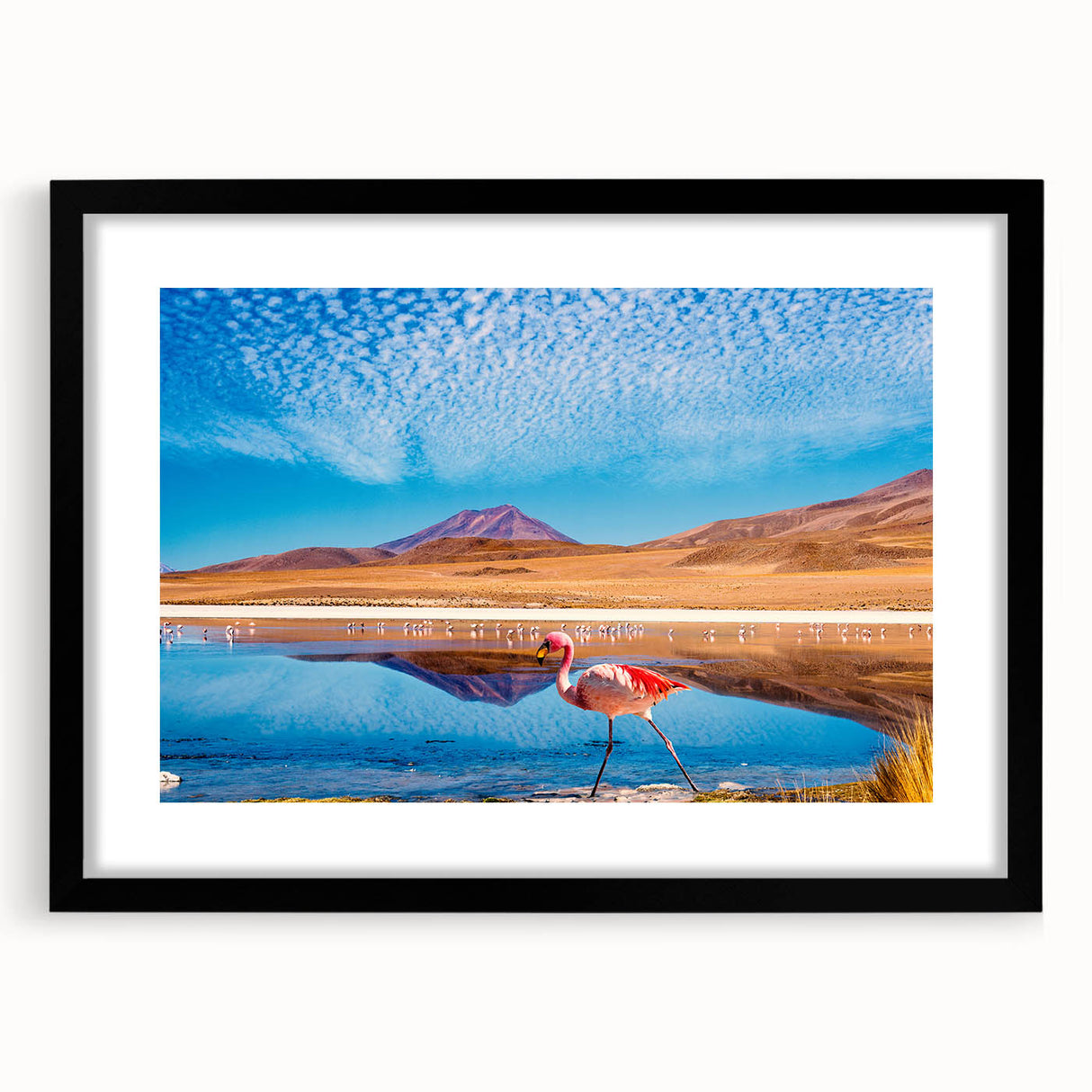 Extra large abstract art print depicting a colorful, textured Bolivian landscape on a black framed canvas.