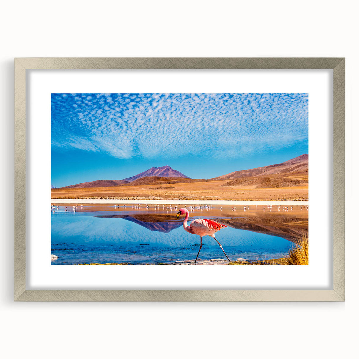 Textured abstract art print of a Bolivian landscape in muted earth tones on a silver-framed mat, suitable for bedroom art.