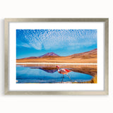 Textured abstract art print of a Bolivian landscape in muted earth tones on a silver-framed mat, suitable for bedroom art.