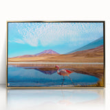 Framed acrylic print of a Bolivian landscape in mid-century modernist style, featuring earth tones.