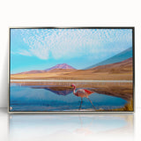 Mid-century modernist art depicting a Bolivian landscape in muted earth tones, framed in silver acrylic.