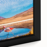 Extra large framed canvas featuring a textured depiction of a Bolivian landscape in black with colorful art accents.