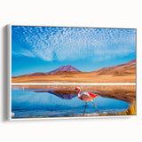 Vintage poster art of a Bolivian landscape in vibrant colors on a large framed canvas, ideal for living room decor.