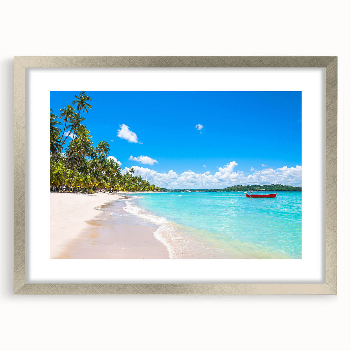 Textured abstract art print of a Brazilian landscape in muted earth tones, framed in silver, ideal for bedroom art.