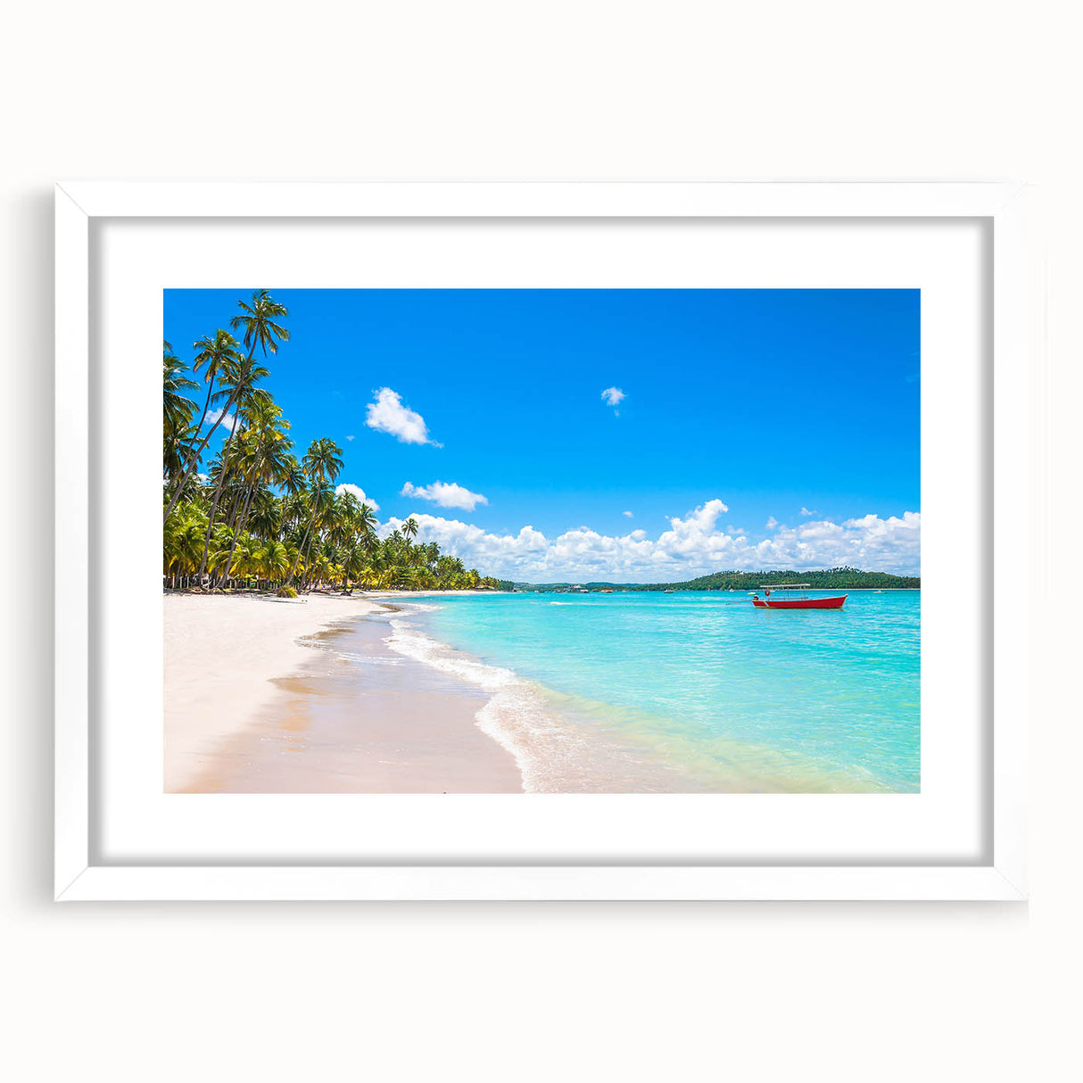 Abstract art print of a stylized Brazilian landscape in vibrant green and blue tones on a white framed canvas.