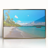 Large art print of a mid-century modernist Brazilian scenery, in muted earth tones, framed in gold acrylic.