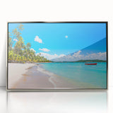 Mid-century modernist art depicting a stylized Brazilian landscape in muted earth tones, framed in silver acrylic.