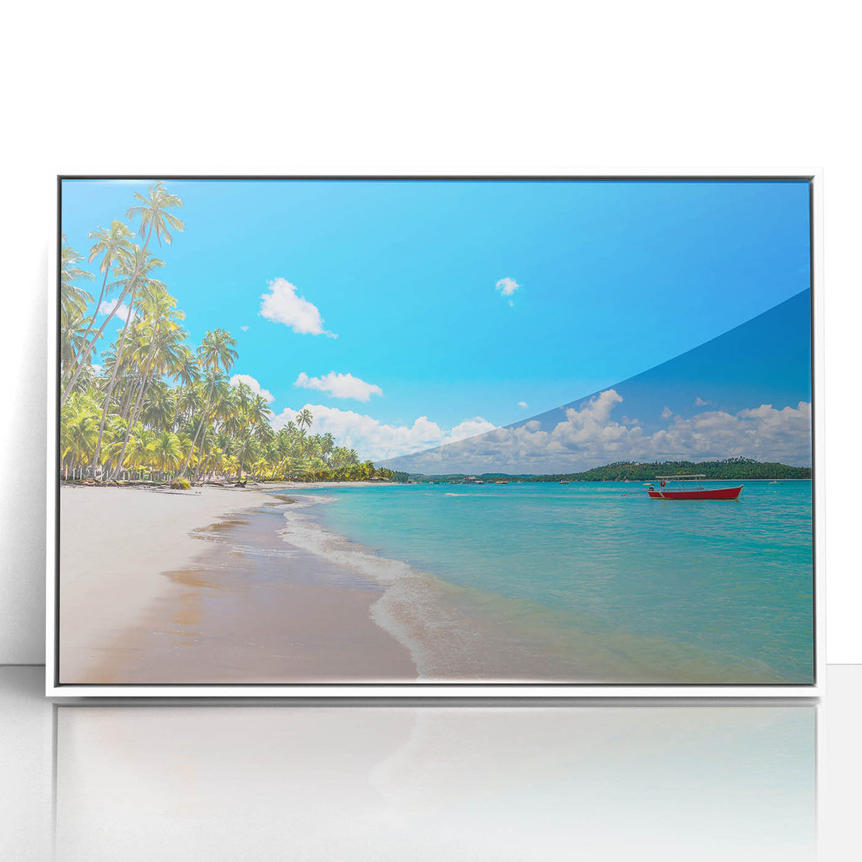 Acrylic print of a Brazilian landscape in art deco style, with vibrant green and blue tones, framed in white.