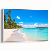 Vintage poster art of a colorful Brazilian landscape on a large framed canvas, ideal for living room decor.