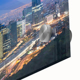 Large abstract depiction of Santiago skyline in muted earth tones on acrylic glass, ideal for dining room art.