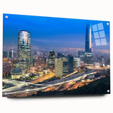 Acrylic print of Santiago, Chile skyline in muted earth tones, ideal for dining room decor.