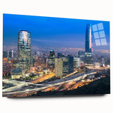 Large abstract wall art of Santiago, Chile skyline in muted earth tones on acrylic glass.