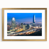 Extra large abstract art print of Santiago, Chile, in vibrant colors on a textured canvas, framed in gold.