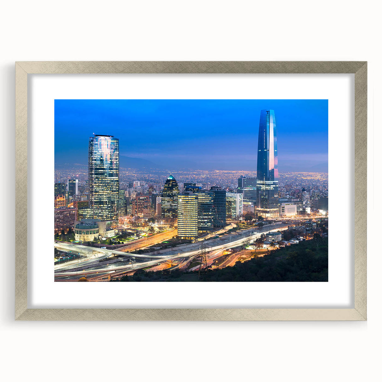 Textured abstract art print of Santiago skyline in muted earth tones on a framed canvas, ideal for bedroom art.