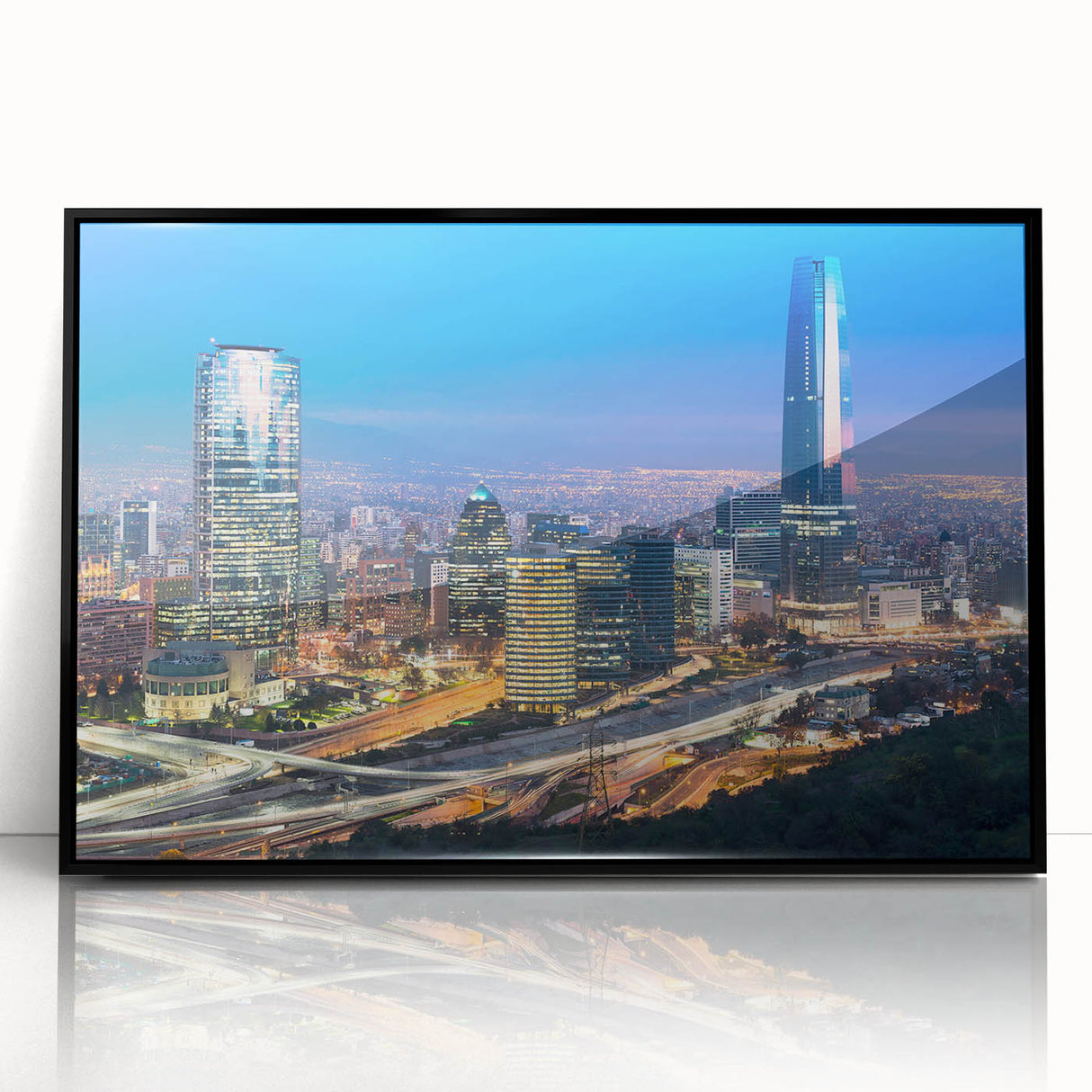 Large abstract wall art depicting the Santiago skyline in muted earth tones on a framed acrylic.