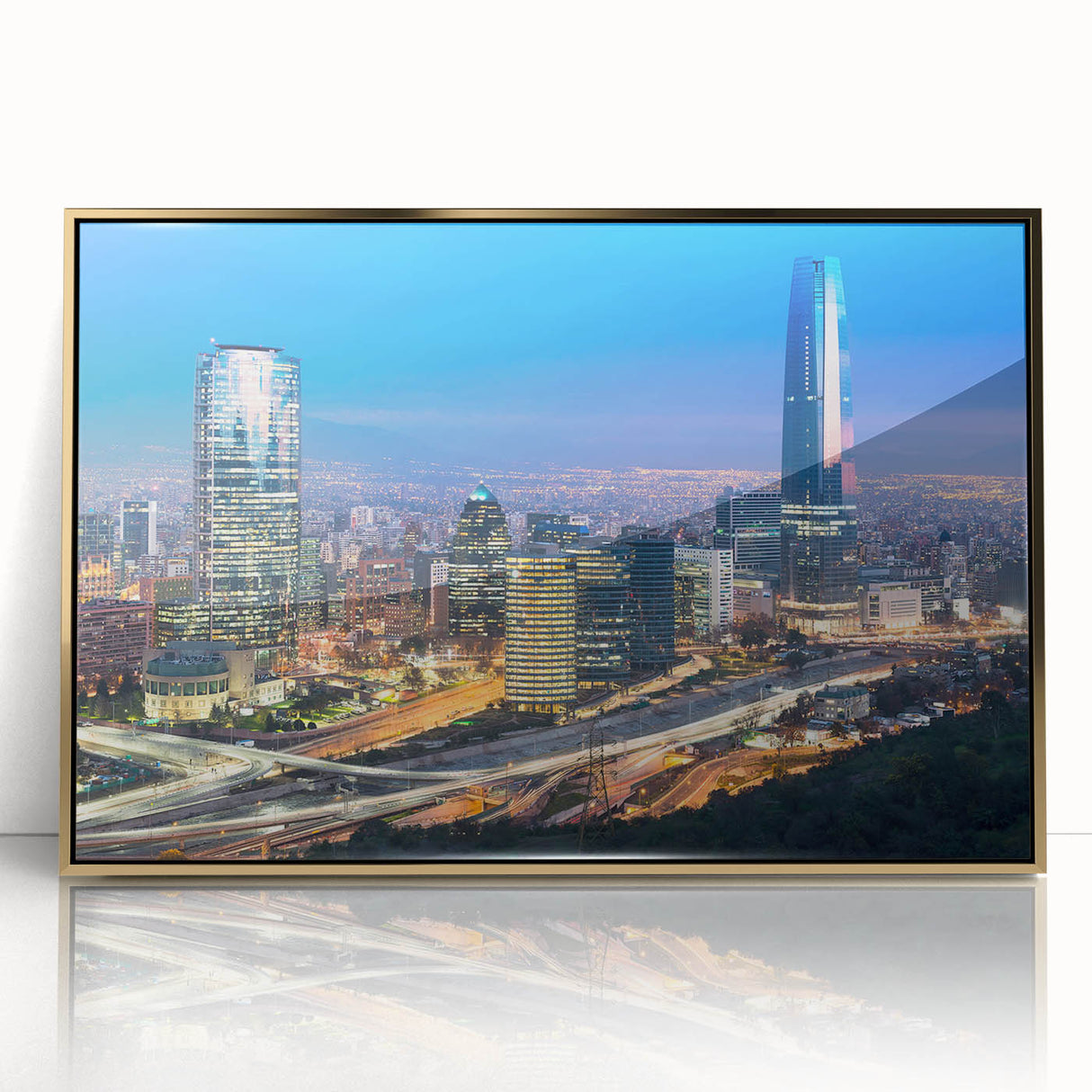 Mid-century modernist skyline of Santiago, Chile in muted earth tones on a framed acrylic print.