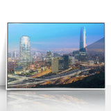 Art deco poster of Santiago, Chile skyline in muted earth tones on framed acrylic, suitable for modern nursery decor.
