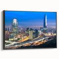 Black and white framed canvas of Santiago, Chile skyline with vintage poster art style, ideal for bedroom wall decor.