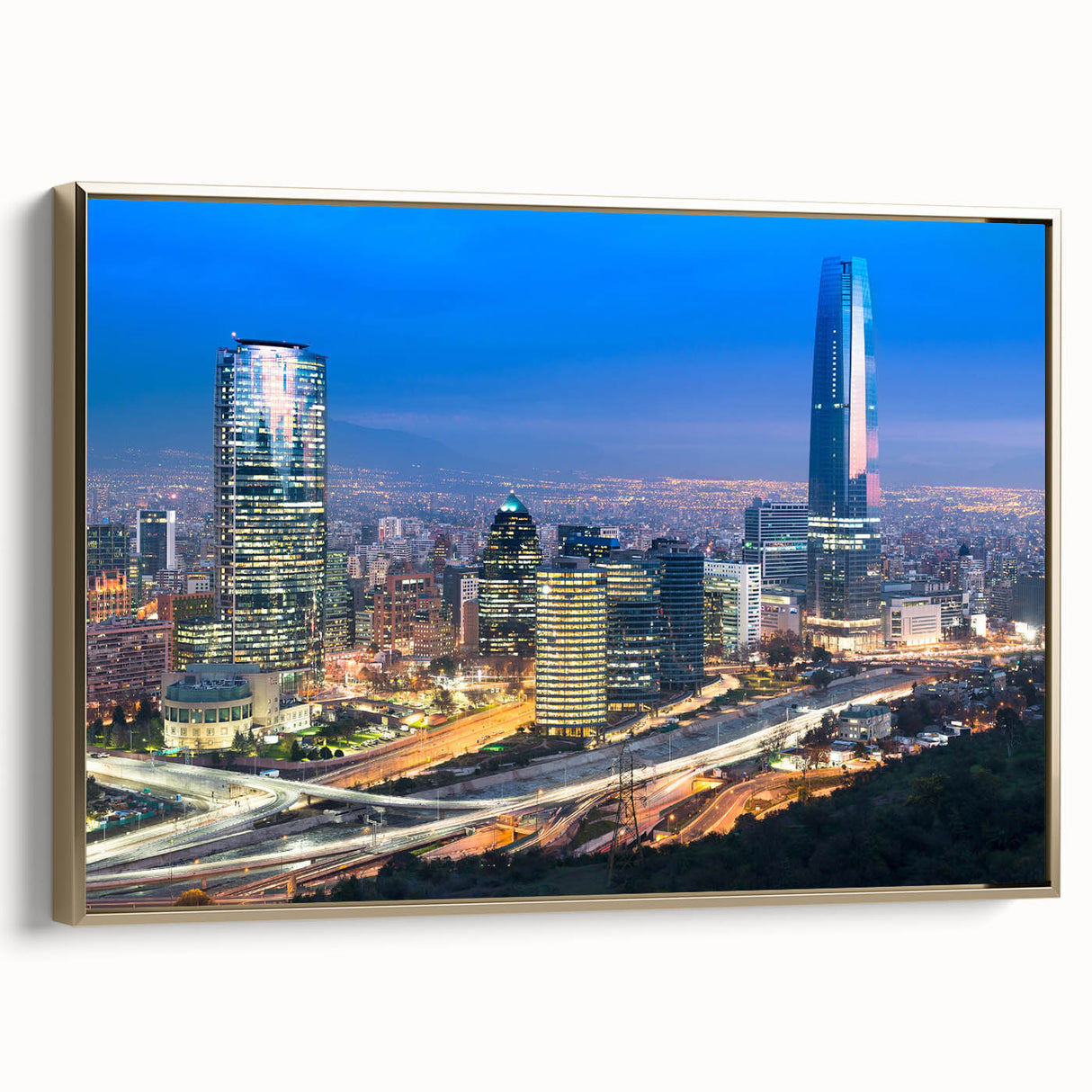 Framed canvas featuring a vintage-style landscape painting of Santiago, Chile in black and gold tones.