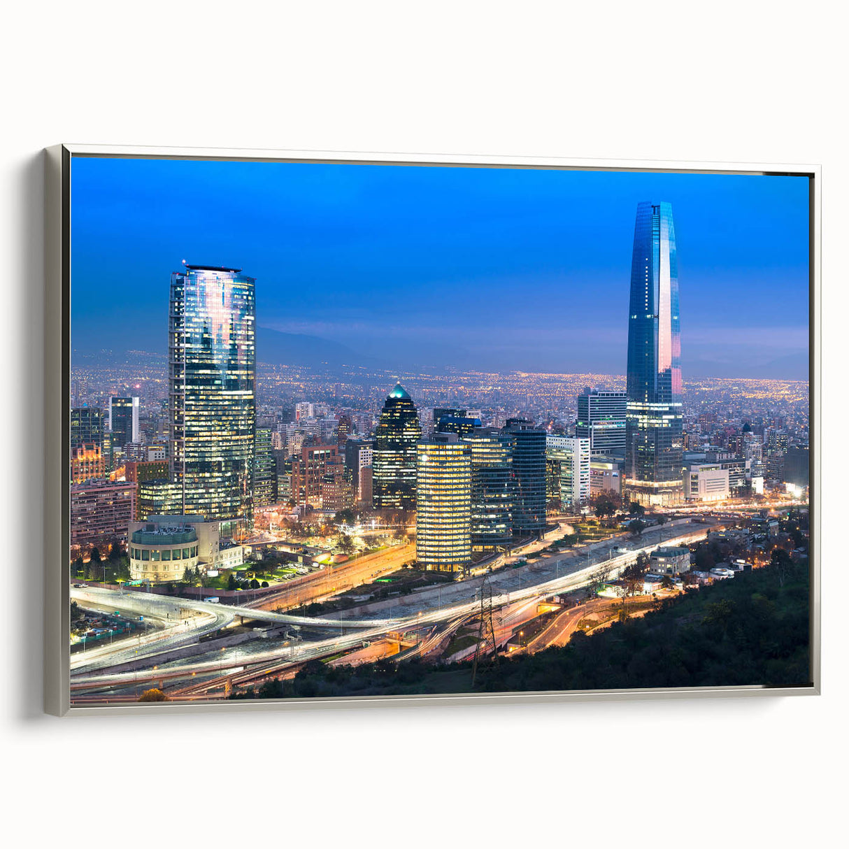 Landscape art painting of Santiago, Chile, featuring colorful hues on a framed canvas, ideal for enhancing living room decor.