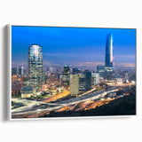Vintage poster art of Santiago, Chile, in vibrant colors on a large framed canvas, suitable for living room decor.
