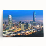 Black and white photograph of Santiago skyline on stretched canvas, ideal for kitchen wall art.