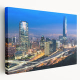 Panoramic view of Santiago, Chile on a stretched canvas, featuring earthy green and brown tones, ideal for kitchen wall art.