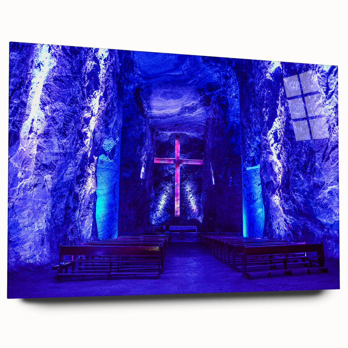 Large abstract wall art of a Colombian landscape in vibrant greens and blues on acrylic glass.