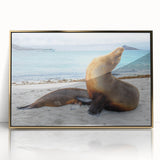 Framed acrylic print of Galapagos scenery in mid-century modernist style, with vibrant green and blue tones.