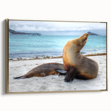 Framed canvas depicting a vintage-style landscape of the Galápagos Islands, featuring muted earth tones.