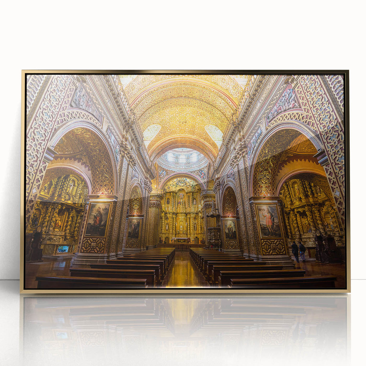 Large acrylic print of a South American landscape in gold frame, featuring mid-century modernist style.