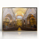 Large acrylic print of a South American landscape in gold frame, featuring mid-century modernist style.