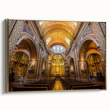 Framed canvas featuring a vintage-style landscape painting of Ecuador with gold accents, ideal for bedroom wall art.
