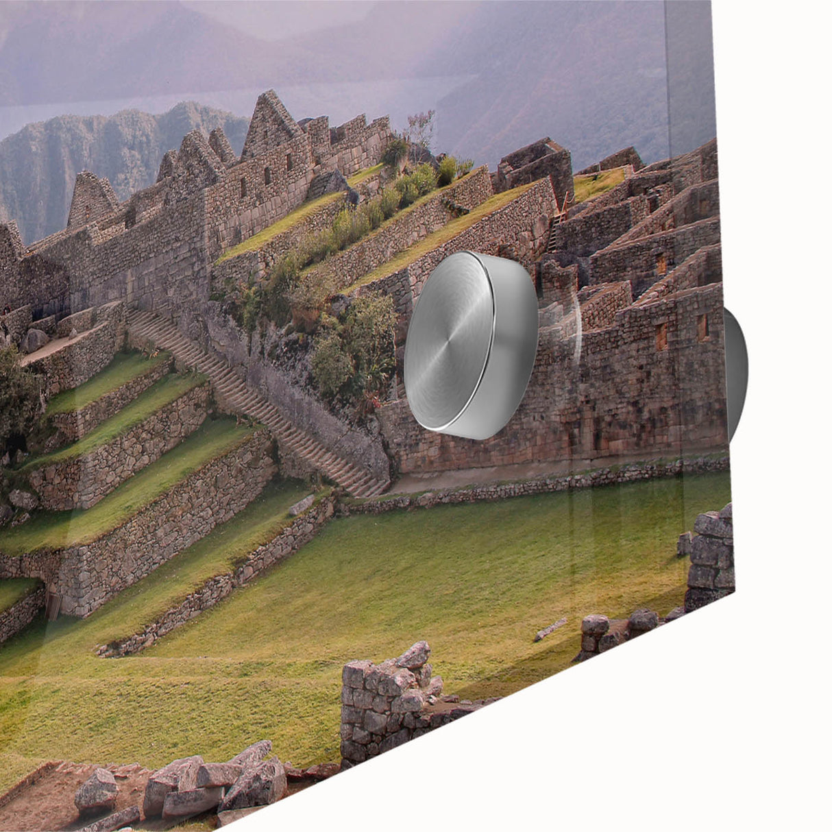 Acrylic print of Machu Picchu in muted earth tones, ideal for dining room art with a mid-century modernist style.