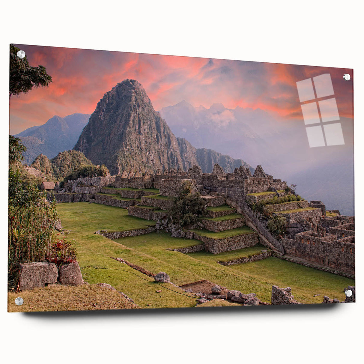 Acrylic print of Machu Picchu in muted green and brown tones, suitable for bedroom or dining room decor.