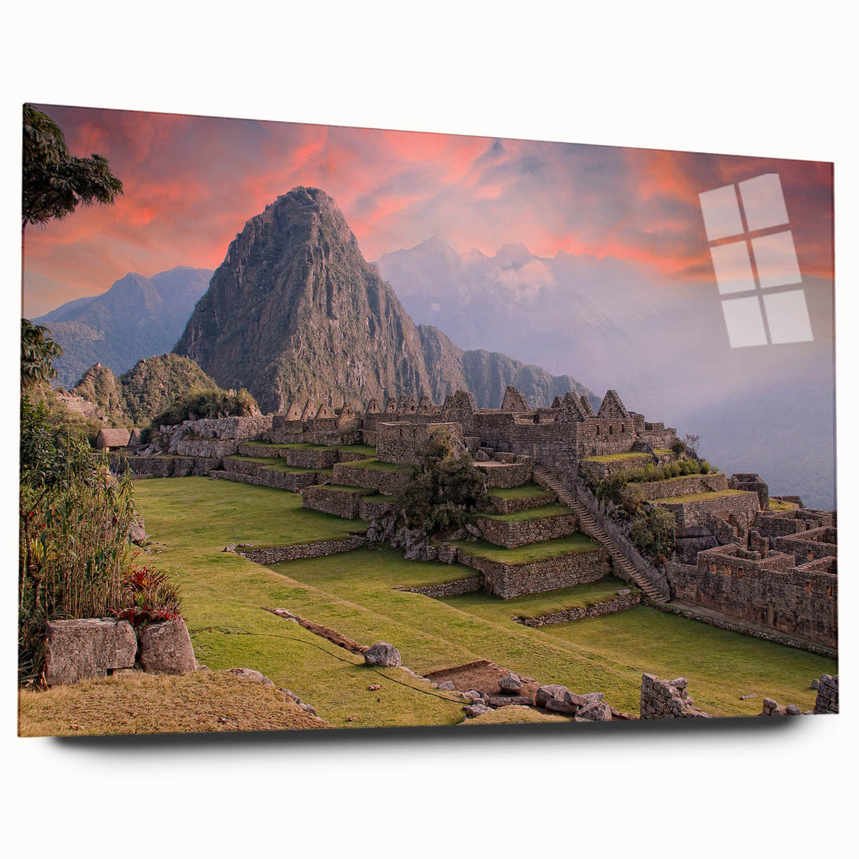 Acrylic print of Machu Picchu in muted earth tones, ideal for bedroom or dining room art.