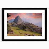 Extra large framed wall art of an abstract Machu Picchu scene in vibrant colors, ideal for living room decor.