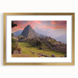 Extra large wall art of Machu Picchu in muted earth tones on a textured canvas, suitable for living room decor.