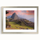 Textured art print of Machu Picchu in muted earth tones on a framed silver mat, suitable for bedroom art.