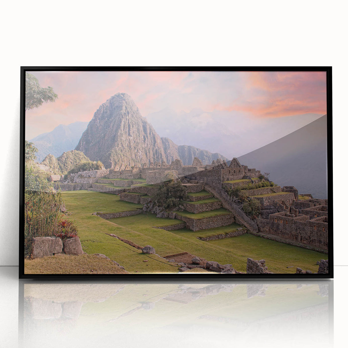 Large abstract wall art of Machu Picchu in muted earth tones, framed in black acrylic, suitable for modern art wall decor.