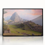 Large abstract wall art of Machu Picchu in muted earth tones, framed in black acrylic, suitable for modern art wall decor.